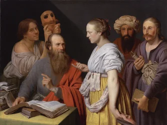 A Scholar in His Study with Figures with Masks